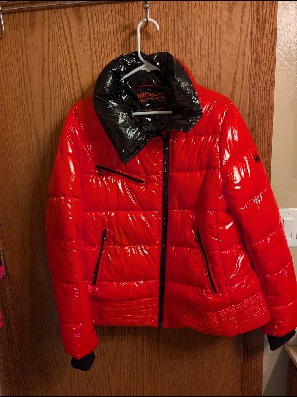 NWOT Michael Kors Laquer Red Quilted Puffer Waist Jacket - Picture 2 of 7